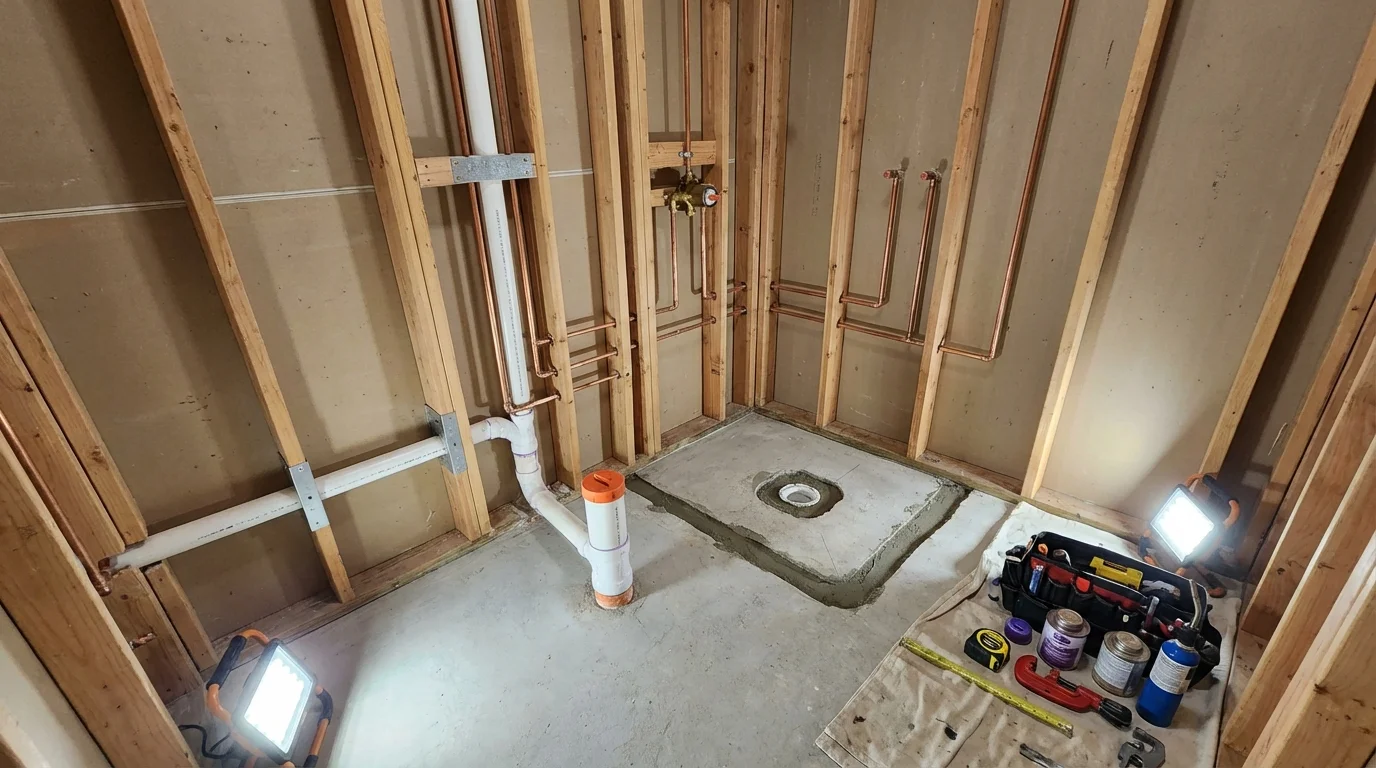 Bathroom rough-in plumbing during remodel by Johns Plumbing LLC in Easton