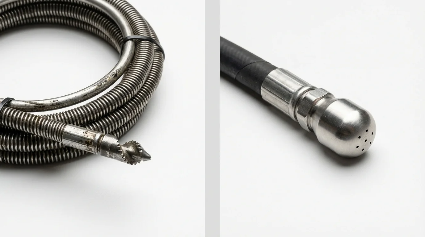 Drain snake cable and hydro jetting nozzle used for drain cleaning in Easton, ME