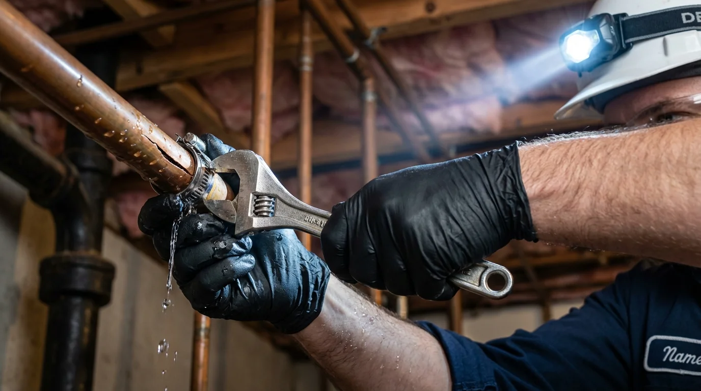 Emergency pipe clamp repair being performed by a Johns Plumbing LLC plumber in Easton