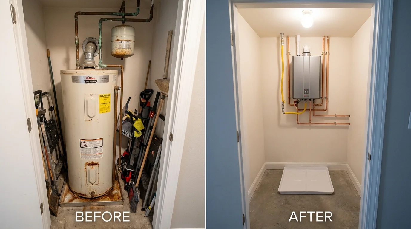 Tank water heater versus wall-mounted tankless unit comparison for Easton, ME homeowners