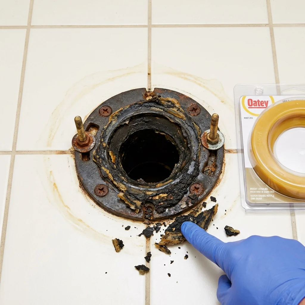Failed wax ring showing water seepage at the base of a toilet in a Easton, ME home
