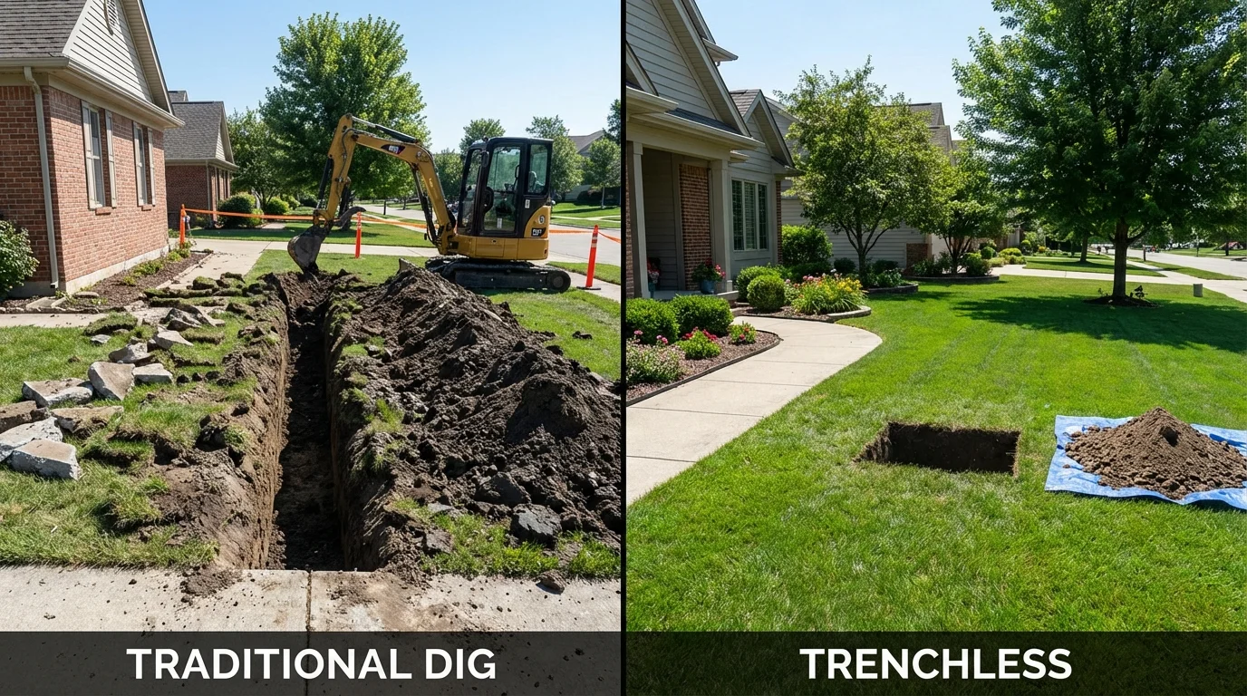Trenchless sewer repair with minimal yard damage versus traditional excavation in Easton, ME