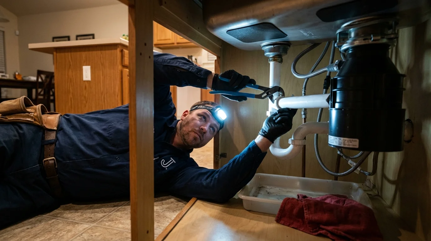 P-trap and supply line connections under a kitchen sink showing a common leak point in Easton, ME